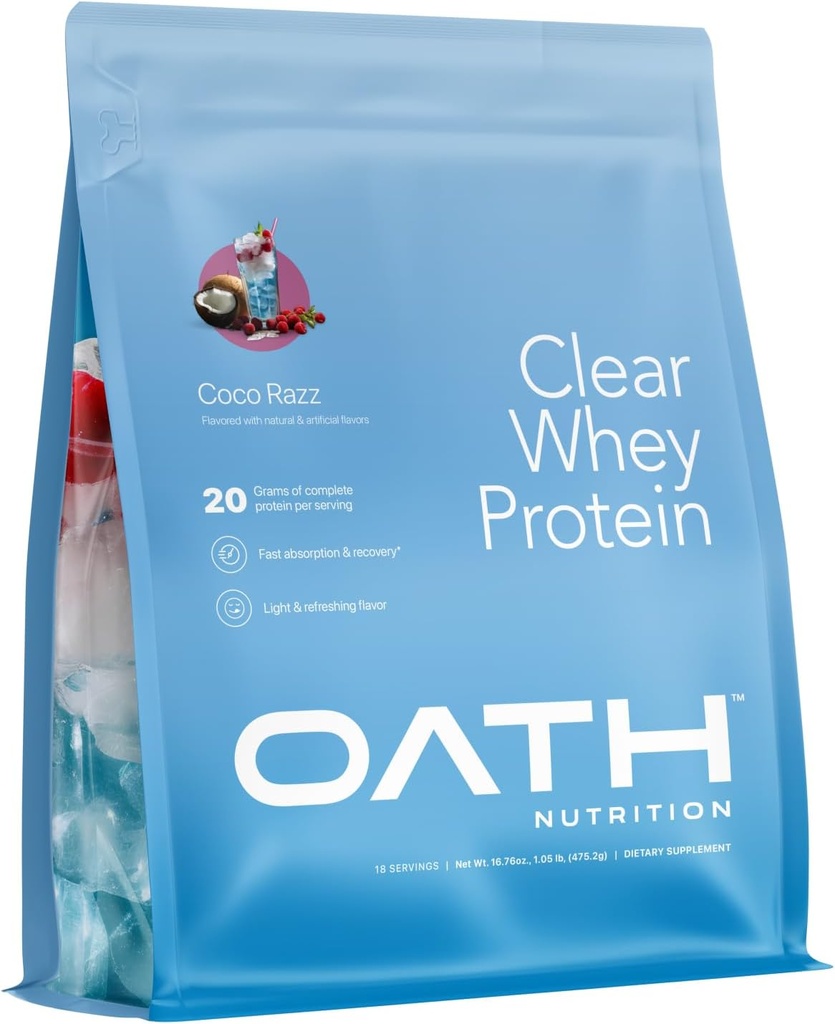 Oath Nutrition Clear Whey Isolate Protein Powder, Coco Razz, 20g Proteine Complete per Serving, Non Aggiunto Zucchero, Grass-Fed, 18 Serve