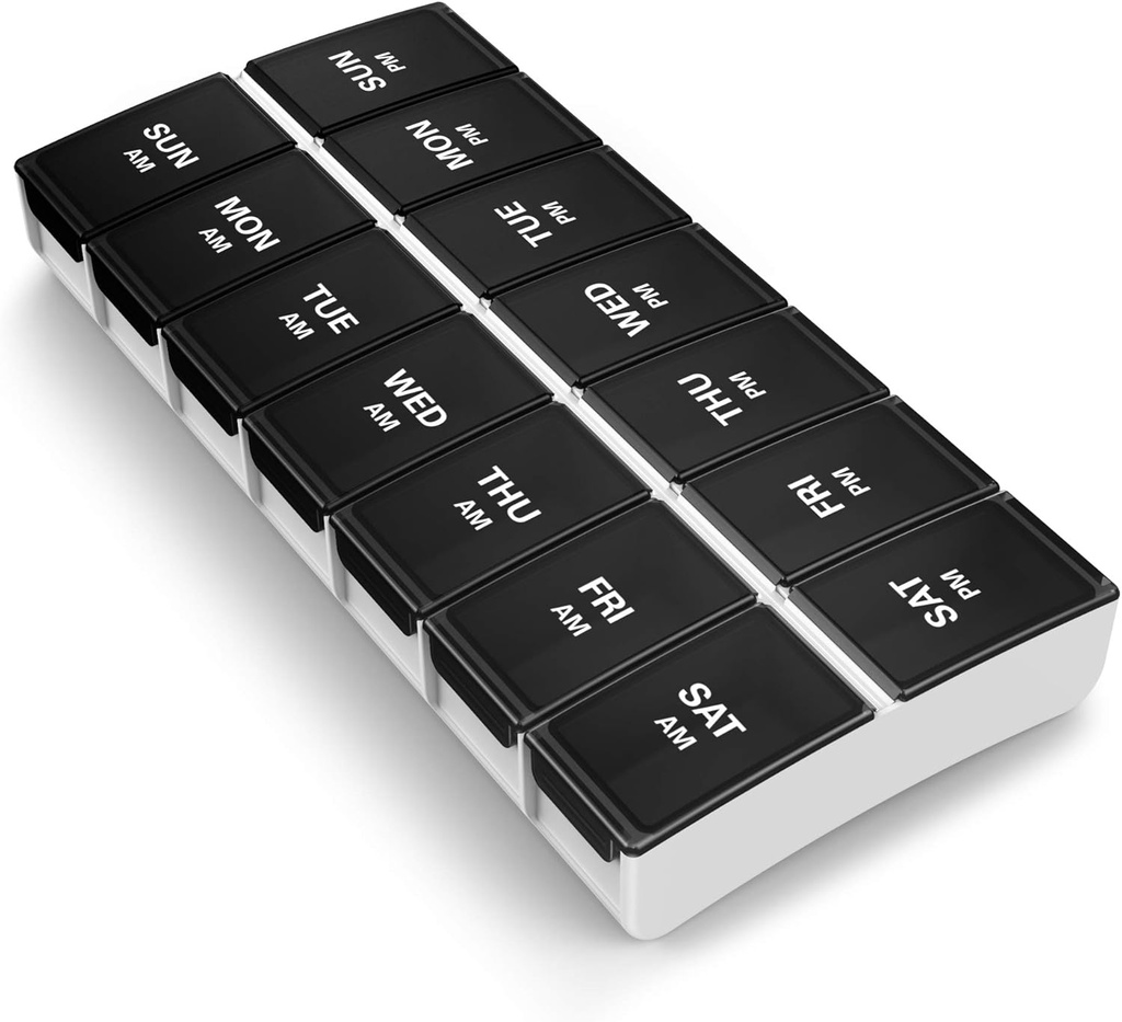 BUG HULL 7-Day AM/PM Pill Organizer - Portatile Pill Box, Travel Case, Nero