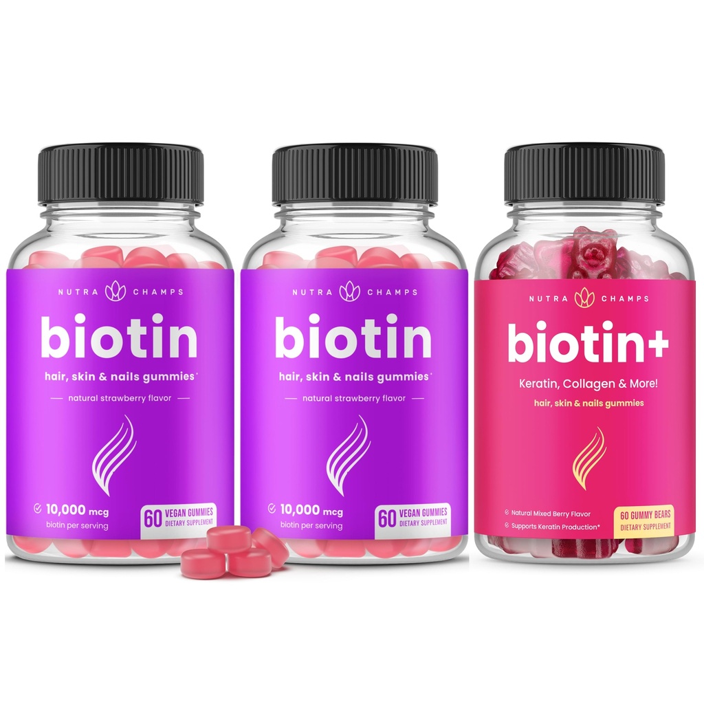 NutraChamps Bundle Biotin completo per capelli, pelle e unghie. 2 confezione Biotin & Biotin+
