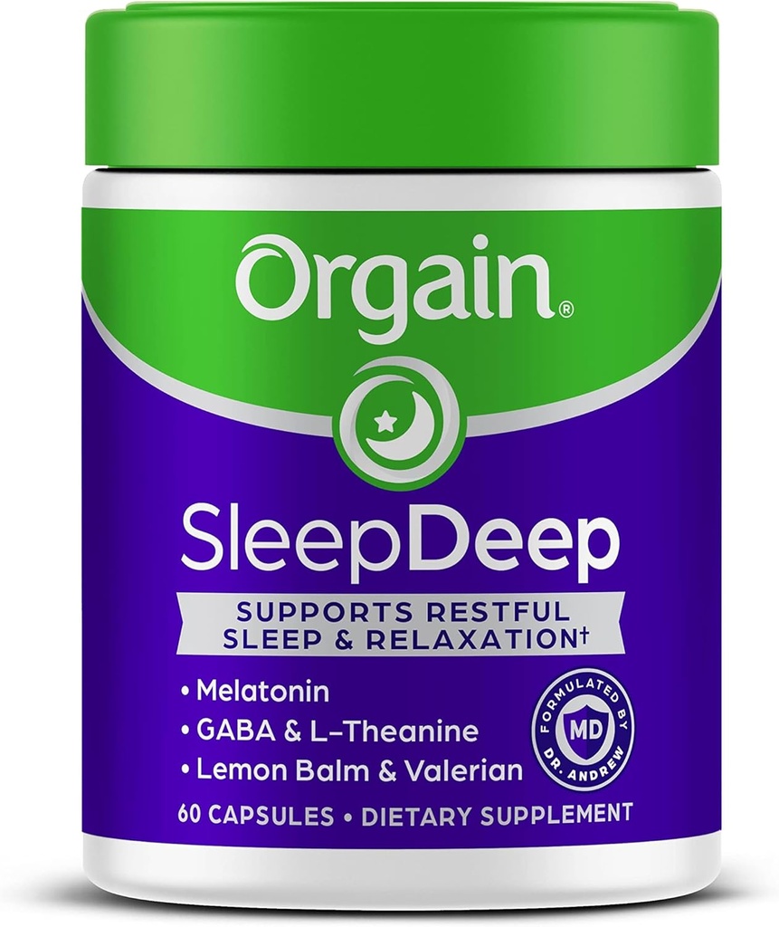 Orgain SleepDeep, Melatonin Sleep Aid Support Supplemento con Magnesio, GABA, L-teanina, L-Tryptophan, Camomilla, Lemon Balm & Valerian Root, Gluten Free, Doctor Formulated - 60 Conte, 30 giorni di fornitura