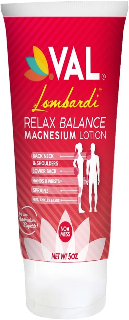 VAL Lombardi Relax Balance Magnesium Lotion | Arnica, Camphor & Menthol | Fast Relief per articolazioni, muscoli, schiena, spalle, piedi | Non-Greasy | 5oz