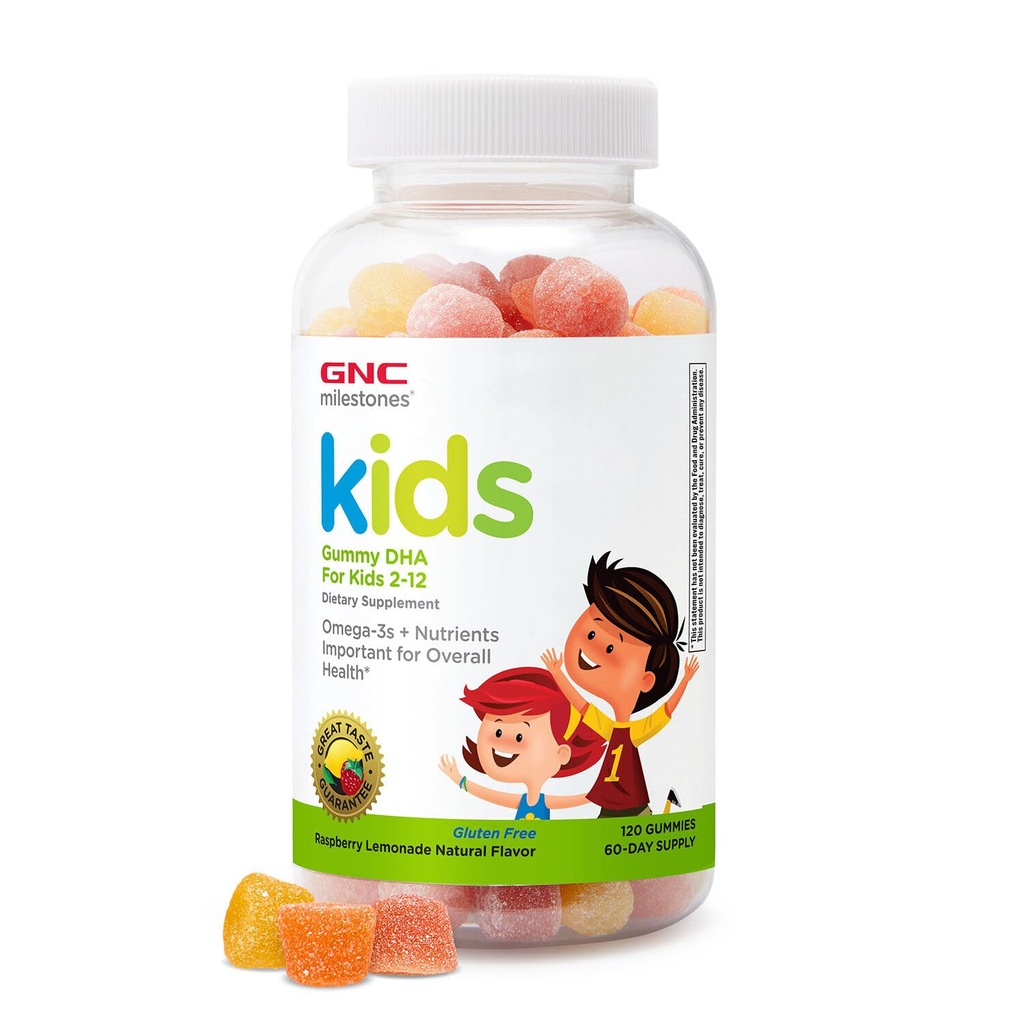 GNC Milestones Kids DHA Gummies, Bambini Età 2-12, Omega-3s, occhio e cervello funzione & sviluppo, vitamina A & D, denti sani e ossa, senza glutine, senza aromi artificiali, lampone limone, 120 Gummies