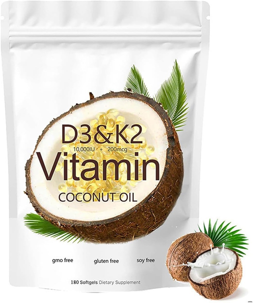 2-in-1 Vitamina D3 K2 Supplemento Softgel, 10000 IU VIT D3 + 200 MCG Vitamina K2 (180 Pcs)