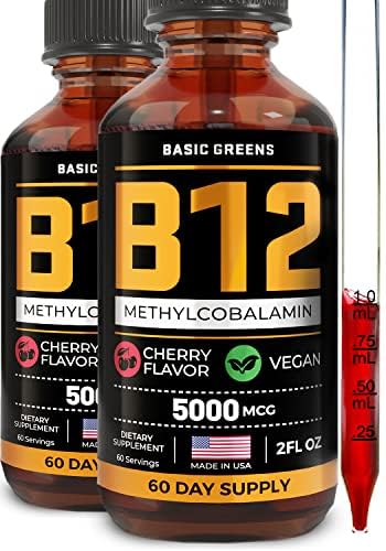 Vitamina B12 Sublingual Liquid Drops 5000 mcg – Vegan Methyl B-12 Supplemento per l'energia & Focus – B 12 Vitamina per le donne e gli uomini – Fast Absorption Methylcobalamin – 120 Servings – 4 fl oz