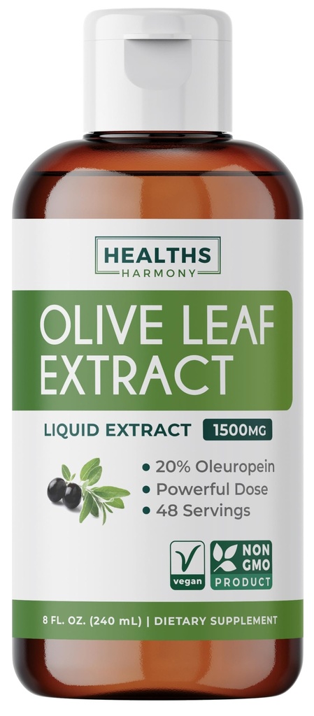 Estratto di foglie di oliva (non OGM) Super resistenza: 20% Oleuropeina - 1500mg - Vegetariano - Integratore di supporto immunitario, Salute della pelle e Potente Antiossidante Supplemento - Estratto di liquido - 8 Fl Oz