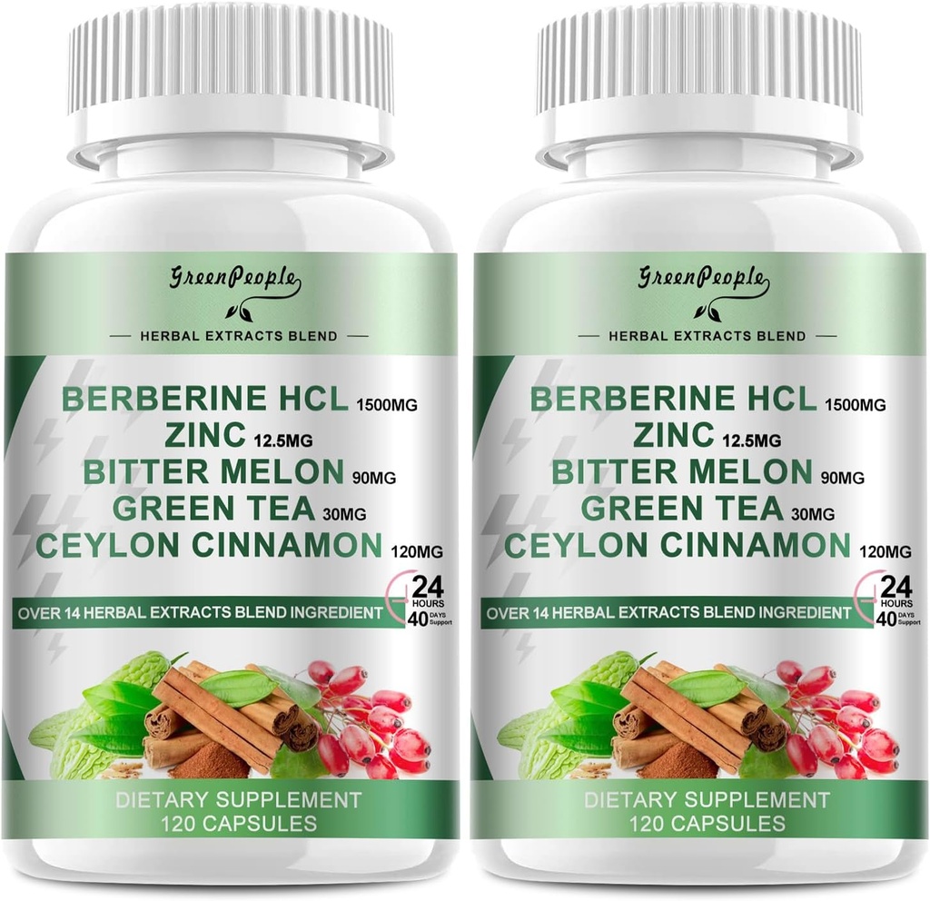 Integratore di berbina GREENPEOPLE con cannella di Ceylon - 120 conta Berberina 1500mg capsule di berbina HCL con estratti di melone/artichoke e erbe naturali per il supporto immunitario 2 confezione