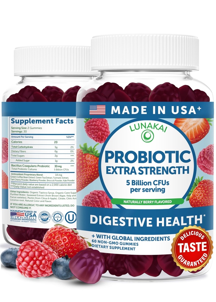 Gummie Probiotiche - 5 miliardi di CFU, Vegan, Non OGM, Gluten-Free - Supporto Digestivo e Immune per Donne & Uomini - 60 Gummies Masticabili