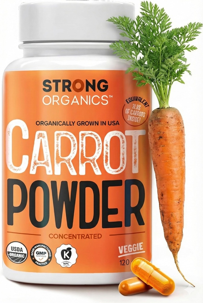 USDA Organic Carrot Powder Capsules (120), Cresciuto negli Stati Uniti, Supporto per gli occhi, Beta Carotene, Vitamina A, Carotenoidi, Antiossidanti,106°F Max, Vegan, Kosher-2 Mesi di alimentazione