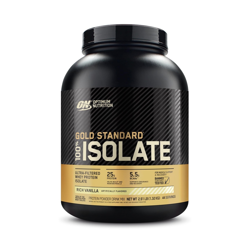 Optimum Nutrition Gold Standard 100% Isolate, Protein Powder, Rich Vanilla, 2.91 Pounds, 44 Serve. Isolato di proteine del siero di latte ( Vary di maggio di imballaggio)