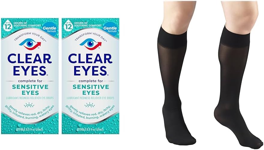 Clear Eyes sensibile gocce 2 Pack & Truform Sheer compressione Calze del ginocchio delle donne High 20 Denier Black Medium
