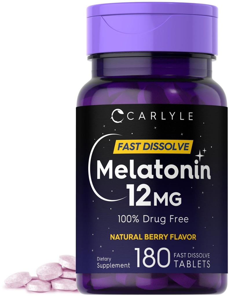 Carlyle Melatonin 12 mg Fast Dissolve 180 compresse | Drug Free | Natural Berry Flavor | Vegetariano, Non OGM, Gluten Free