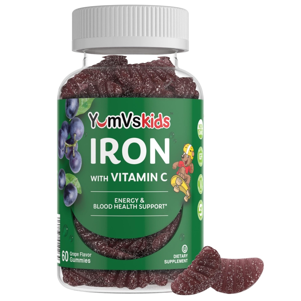 Supplemento di ferro per i bambini – 5 mg Gummies per bambini con vitamina C – Gummies di grande gusto per l'uva – Supporta la salute immunitaria e aiuta con la carenza di ferro – Vegan, Kosher, Non-OGM – 60 Conte