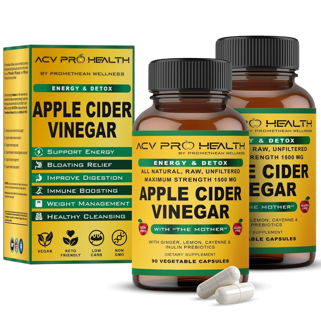 2-Pack ACV Pro Aceto di sidro di mela capsule certificata organico con madre ACV pillole Detox Cleanse Acid Reflux Relief Support Supplemento Ginger Root Cayenne Pepper Powder