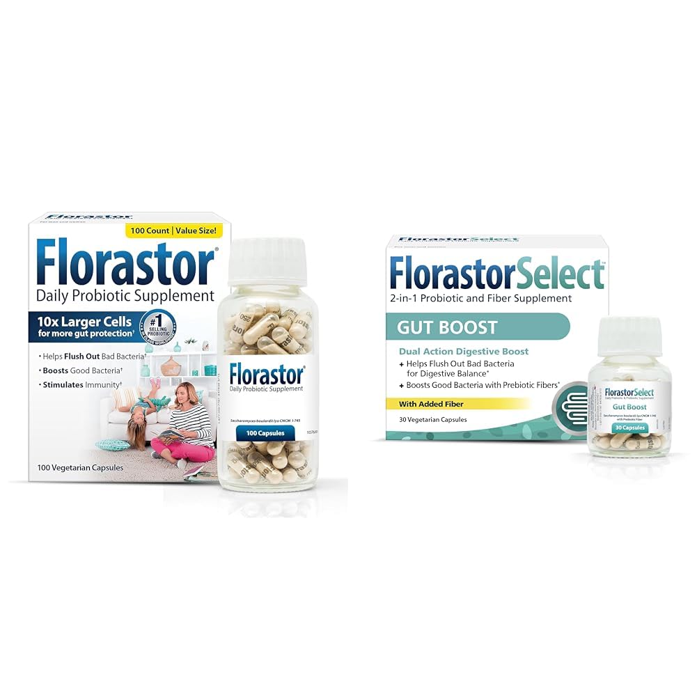 Florastor Probiotic Bundle for Digestion, Gut Health – 100 ct. Probiotico per la salute digestiva e immunitaria + 30 ct. Gut Boost Daily Probiotic & Prebiotic - Boost Good Bacteria & Flush Out The Bad