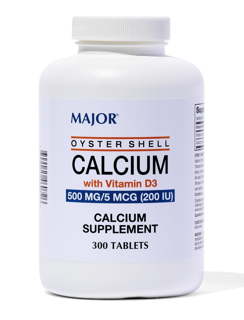 Maggiore Oyster Shell Calcium con vitamina D3 500 mg / 5 mcg (200 IU) - Supplemento giornaliero di calcio - 300 compresse (1 pacchetto)
