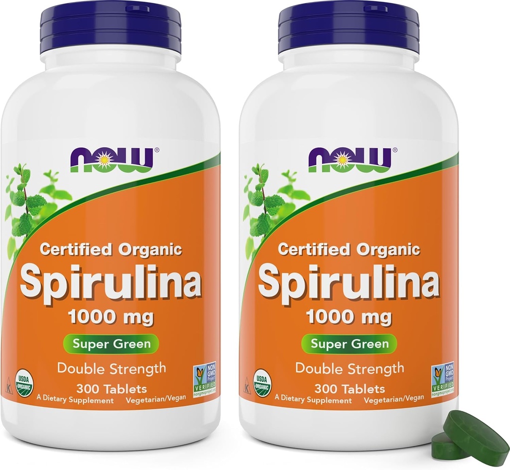 NOW Foods Organic Spirulina 1000mg Tablets - 300 Conte (Pacchetto di 2) - Non OGM, Super Green Whole Food Supplement - Doppia Forza 1000 mg - Naturally Occurring Beta-Carotene (VIT A), B-12 e GLA