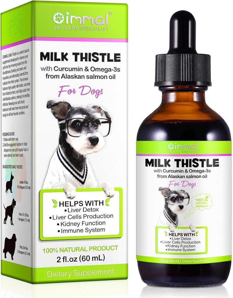 Cardo al latte per cani, gocce di sostegno del fegato del cane - Il cardo del cane aiuta il fegato del cane Detox, Pet Supplemento Tratta con olio di salmone, Curcumin C3 Complex e Omega 3 EPA & DHA, Bacon Flavor - 2 fl.oz