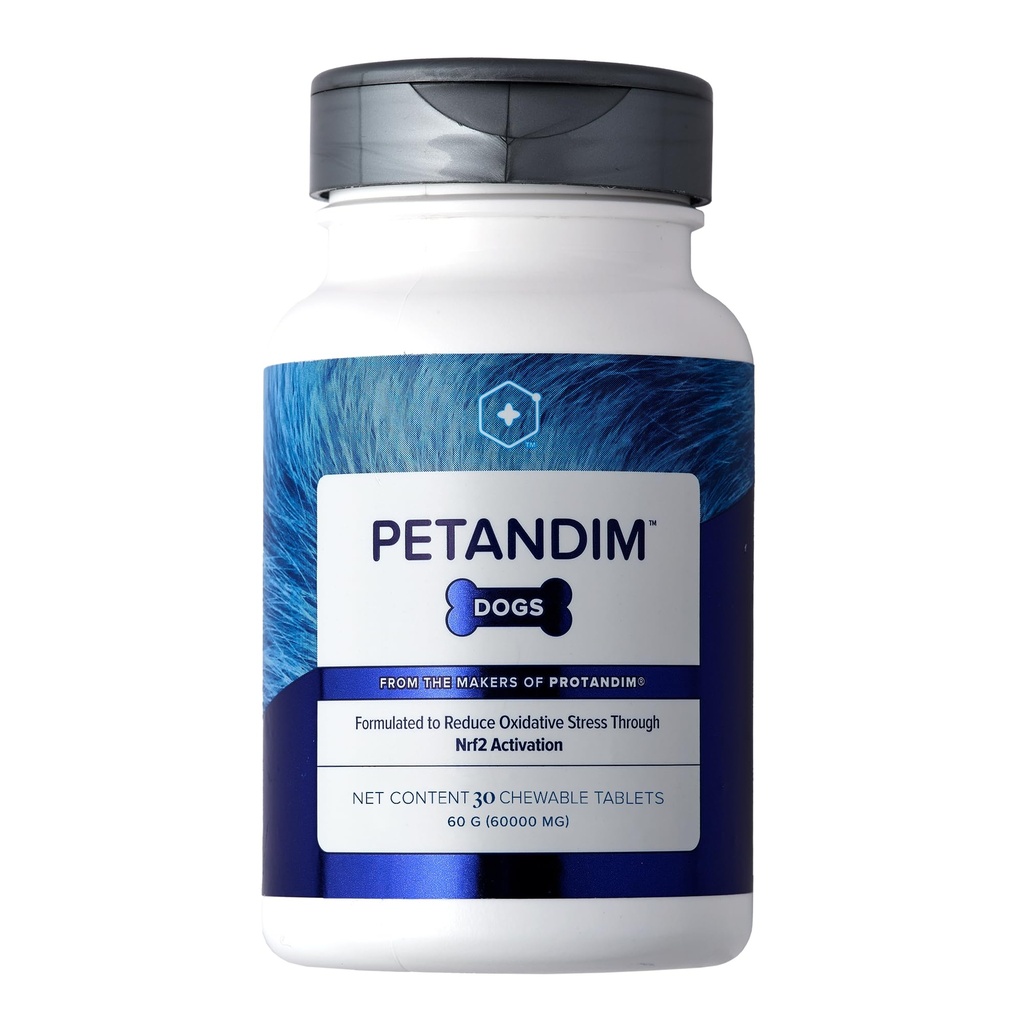 Vitamine di cane Petandim (30 compresse masticabili), Antiossidanti riducono lo stress ossidativo, supplemento congiunto per cani, supplemento di pelle e cappotto, Omega-3 & collagene per cani, pollo + aroma di pancetta