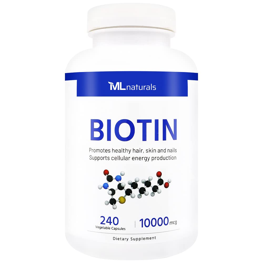 ML Naturals Biotin 10000 mcg 240 capsule vegetali. Supporta capelli sani, pelle, unghie e produzione di energia, NSF-Certified & cGMP-Compliant