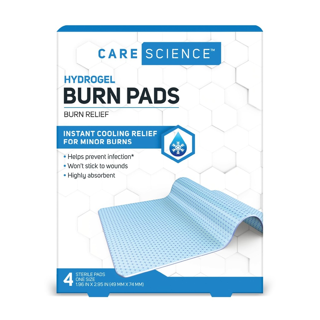 Cura Scienza Hydrogel Sterile Burn Dressing Bandage Pads for Burn Relief, 4 ct | Rilievo di raffreddamento istantaneo per Minor Burns & Wounds