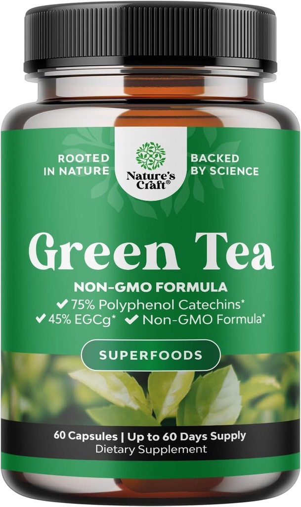 Estratto di tè verde capsule - 500mg Pure Leaf Green Tea Caffeine Supplemento - EGCG, Estratto di caffeina e polifenoli Supplemento per il supporto sano del metabolismo per le donne e gli uomini - Detox naturale - 60 conte