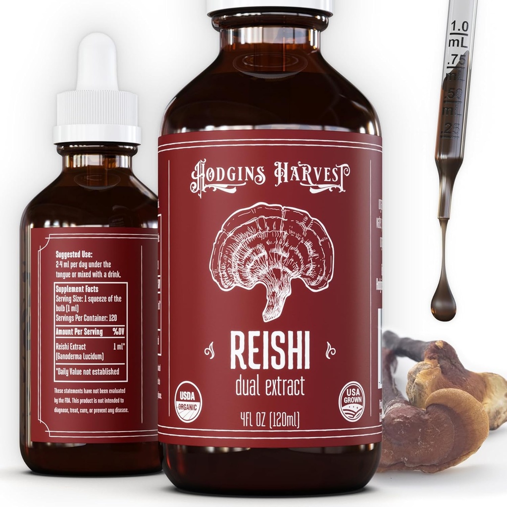 Hodgins Harvest Organic Reishi Mushroom Fruiting Body Extract Tincture - Extra Concentrated Dual Extract Supplement - Supporta la salute e il benessere del cuore - USDA Organic Mushrooms - 4 oz