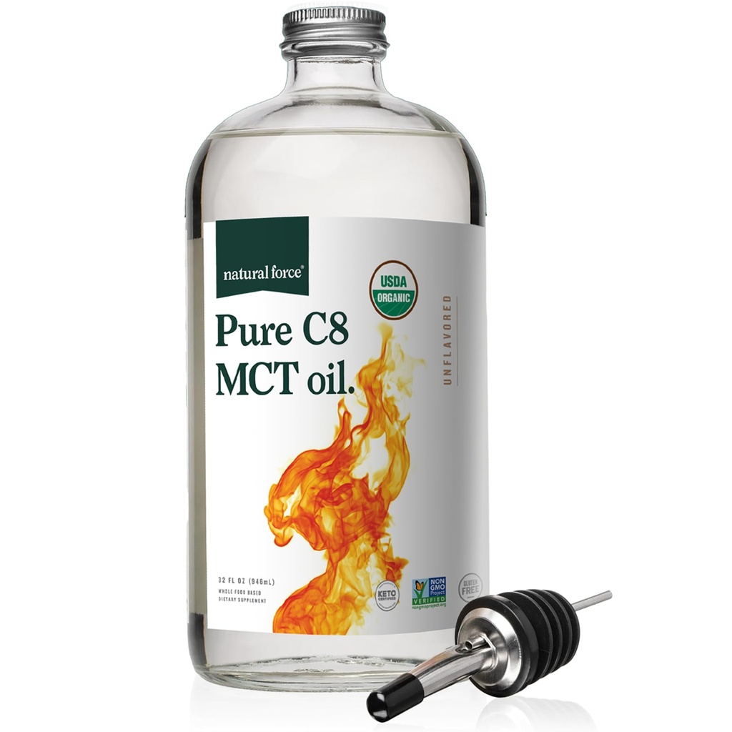 Natural Force Organic Pure C8 MCT olio – Liquid MCT olio in contenitore di bottiglie di vetro – Acido Caprylic Concentrato – Keto, Paleo, Kosher, Vegan & Non-GMO – Lab testato per qualità e purezza, 32 oncia