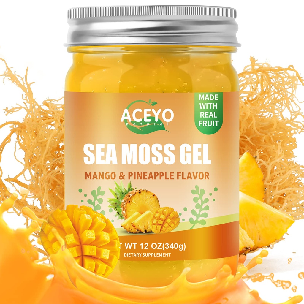 ACEYO (12 OZ) Irish Sea Moss Gel Raw Vegan Mango Ananas Flavor 102 Vitamine e Minerali Wild Harvested Non-GMO Immune Defense Booster Thyroid Digestive Support