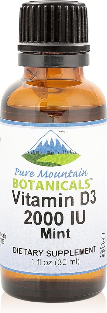 Pure Mountain Botanicals Aromaed Vitamina D Gocce – Mint Flavored Liquid Vitamin D3-2000iu per Serve - 1oz Bottiglia