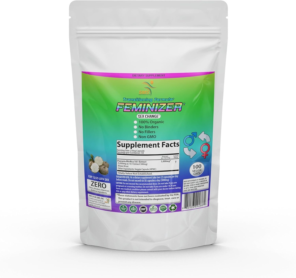 Pillole di cambiamento del sesso di Feminizer da SMS, 100 Caps di verdure Pueraria Mirifica per l'estrogeno 1.000mg Pure 10:1 Polvere di estratto di radice - Kwao Krua Kao - Grado Premium, Organic per le donne, Transgender, Ladyboy, LGBT