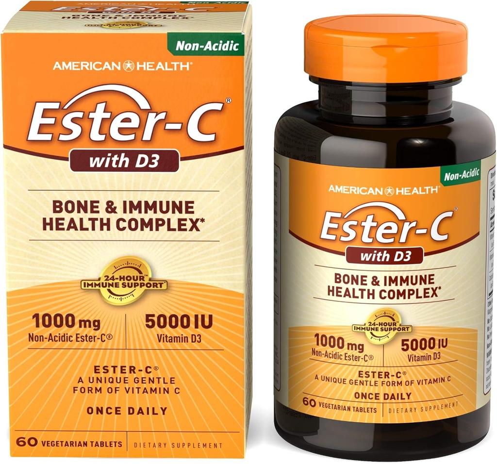 American Health EsterC con D3 Bone Immune Complex Compresse vegetariane 24Hour Immune Support 1000 mg EsterC 5000 IU Vitamin D3 Vitamina C non acidica, 60 Conte