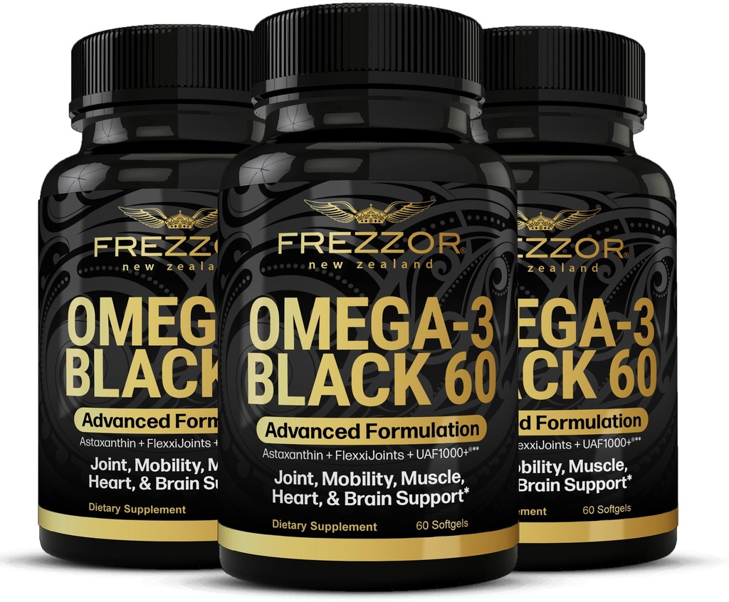 FREZZOR Omega 3 Nero per Joint Care & Comfort - Nuova Zelanda Green Lipped Mussel olio capsule; 53x Alta potenza con UAF1000+ Super Antiossidante, No Fishy Aftertaste, 60 Conte (Pack of 3)