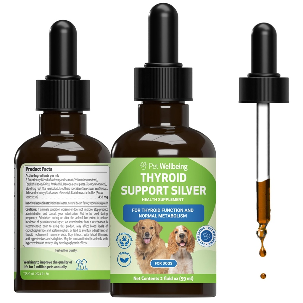 Pet Wellbeing Thyroid Support Silver for Dogs - Holistic Energy & Metabolism Support with Ashwagandha & Forskohlii, Canine Thyroid Supplement - NASC Certified & Vet-Formulated - 2 oz Liquid Formula