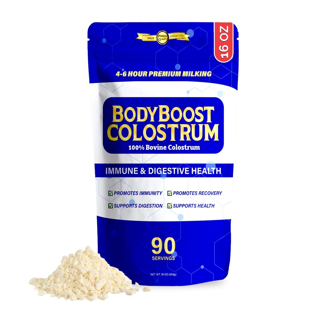 BodyBoost Premium Colostrum Whole, 100% Bovine Colostrum Powder, Immune Booster Supplement con Immunoglobulina & Lactoferrin, Grass Fed Colostrum Powder, Gut Health, Diverse Intake, 16 oz
