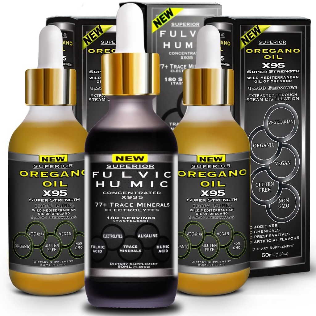 Minerali di Trace Ionica di Acido Humico Fulvico con Integratore Liquido Elettroliti Plus Olio di origano Gocce Super Forza Più Versatile Poi Olio di Origano Softgels e Capsule