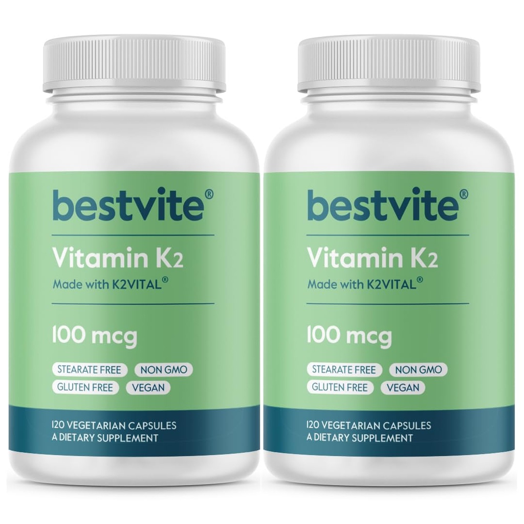 BESTVITE Vitamina K2 100 mcg come MK-7 (240 capsule vegetariane)(120x2) - No Stearates - Vegan - Non OGM - Gluten Free