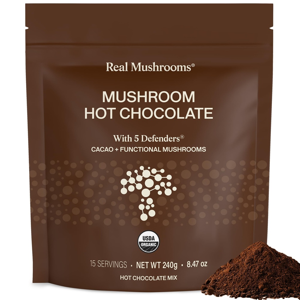 Mushrooms Organic Hot Chocolate Mix with Reishi, Turkey Tail, Chaga, Shiitake, Maitake – Cacao Powder Organic Mushroom– 5 Defenders Mushroom Cacao Powder, Vegan, Gluten-Free, 15 Servings