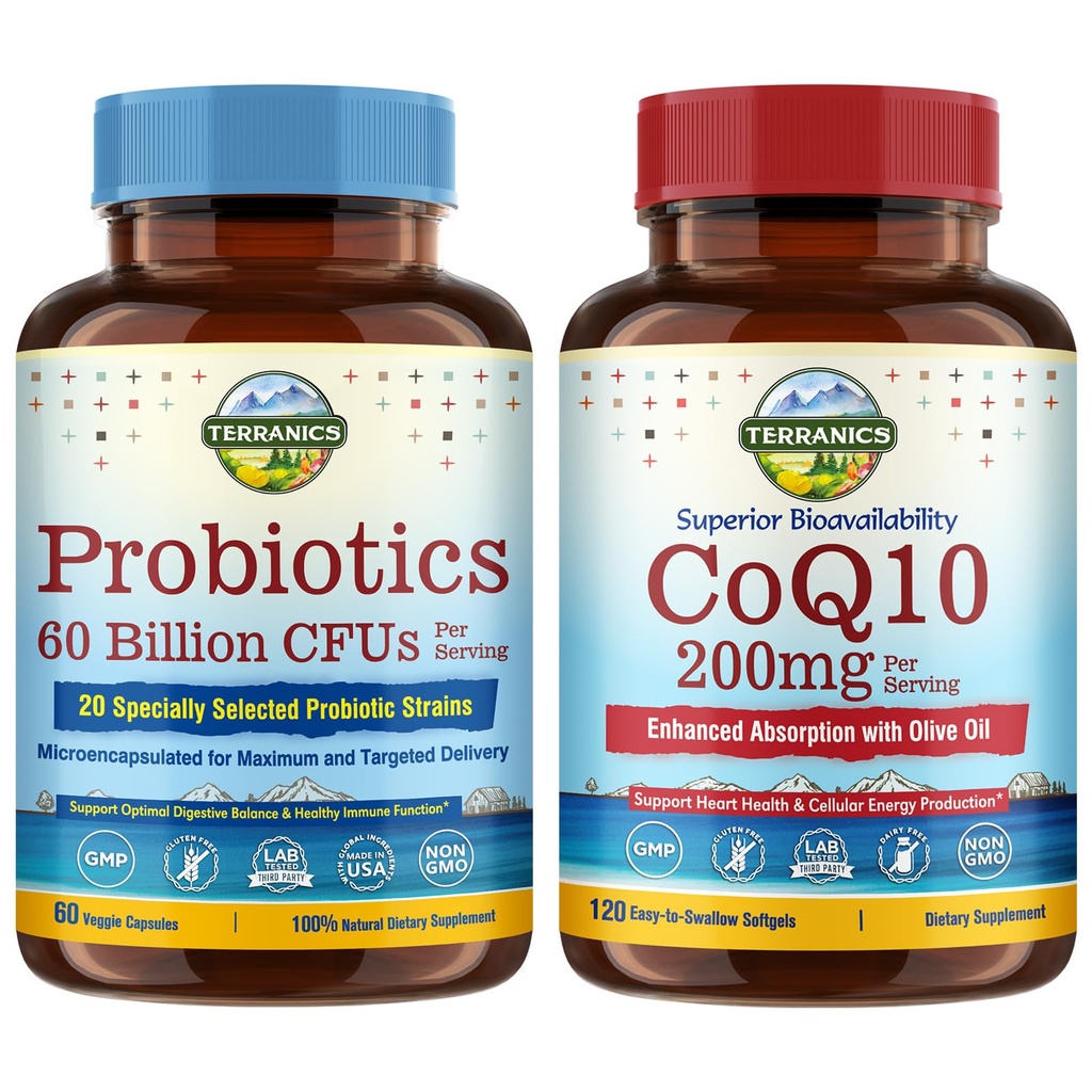 Terranics Probiotics & CoQ10 Bundle, Cuore e salute della digestione, 60 miliardi di Probiotici, Bioactive Coenzyme Q10 200mg, Olio Extra Vergine di Oliva, Bundle & Save