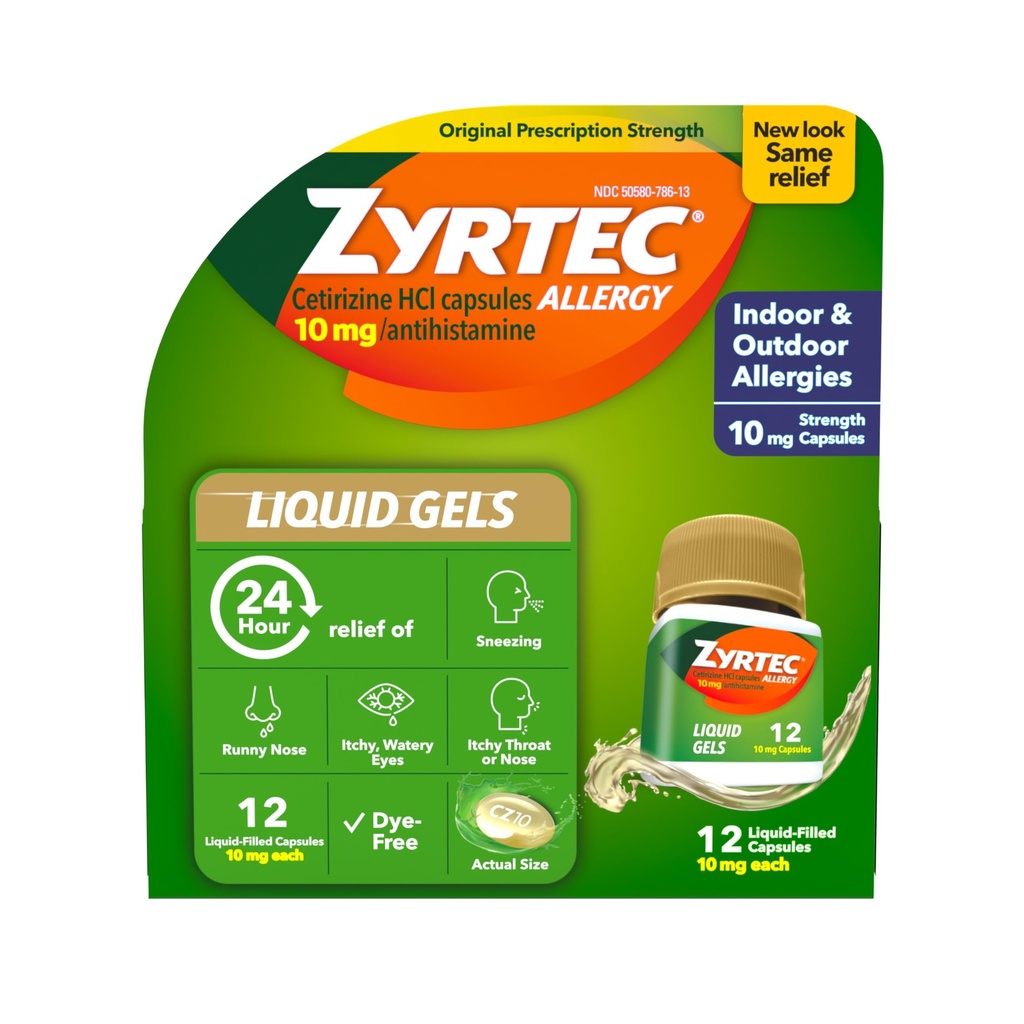 Zyrtec 24 ore Allergy Relief Liquid Gel, Antistamina Capsule con Cetirizine HCl Allergy Medicine per All-Day Relief da Runny Nose, Sneezing, Itchy Eyes & More, 12 Conte