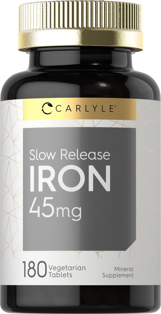 Carlyle Slow Release Iron 45 mg | 180 compresse | Ferrous Sulfate Mineral Supplement | per gli uomini e le donne | Vegetariano, Non OGM e Gluten Free Formula