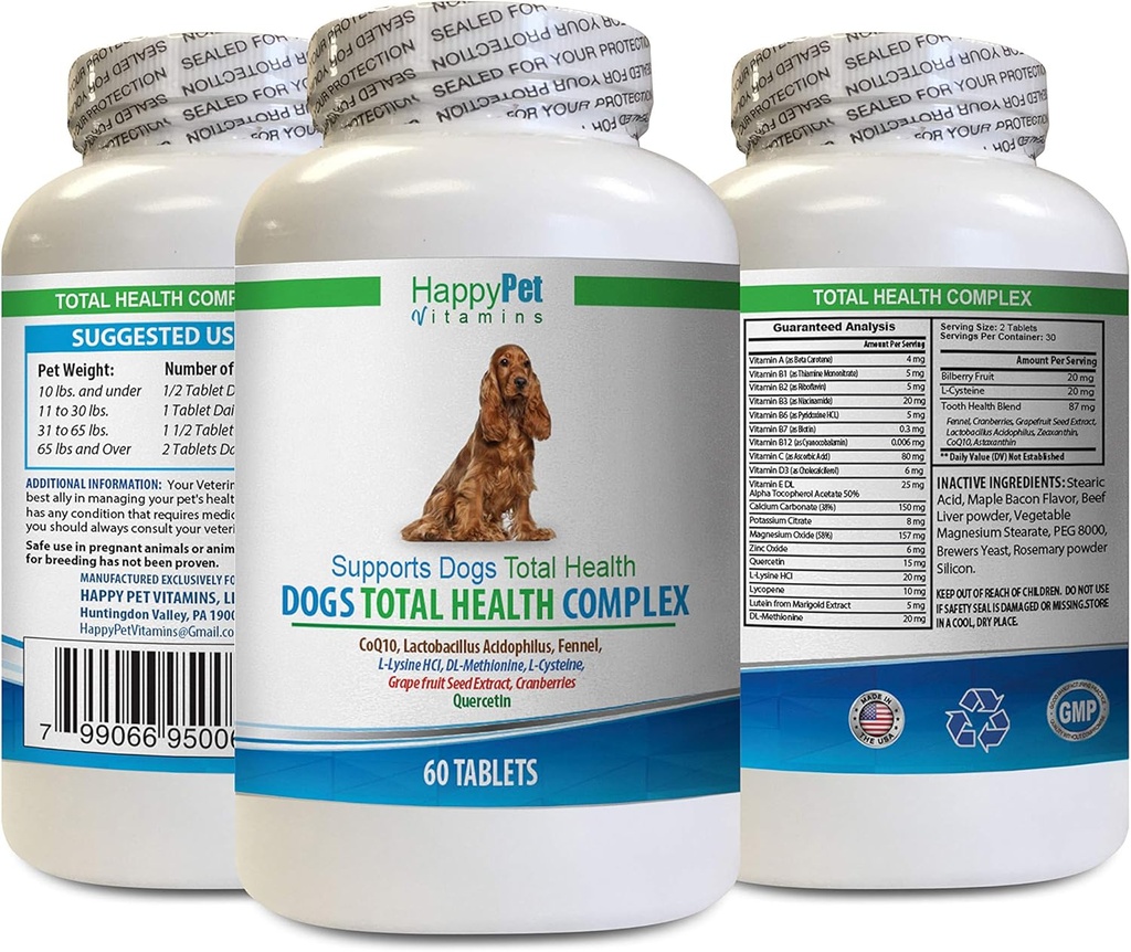 Dog Healthy Coat Supplement - Cani Total Health Complex - Naturale - Best Hair Coat Immune Occhio denti UTI Salute - quercetina per cani - 1 Bottiglia (60 Trattati)
