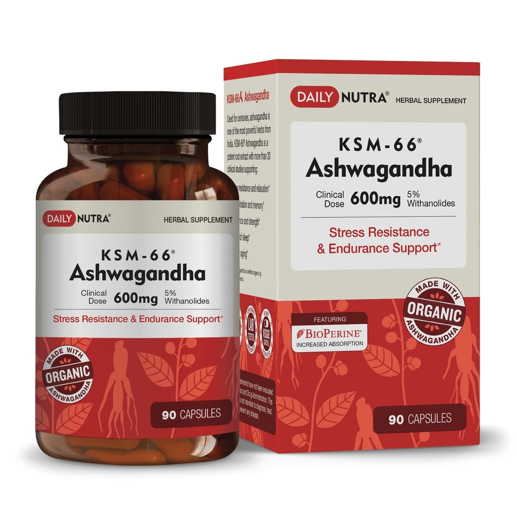 QuotidianoNutra KSM-66 Ashwagandha 600mg Estratto di radice organica - Supplemento ad alta potenza con 5% Withanolides | Allevia la stanchezza, supporta il rilassamento, la messa a fuoco, l'energia e la crescita muscolare (90 capsule)