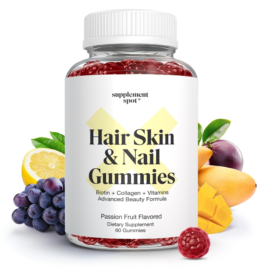 Pelle per capelli e unghie Vitamine, 6000 mcg Biotin Gummies w/Collagen, Frutta Passione aromatizzata Vitamine per capelli, Gluten Free Collagen Supplements (60 Conte)