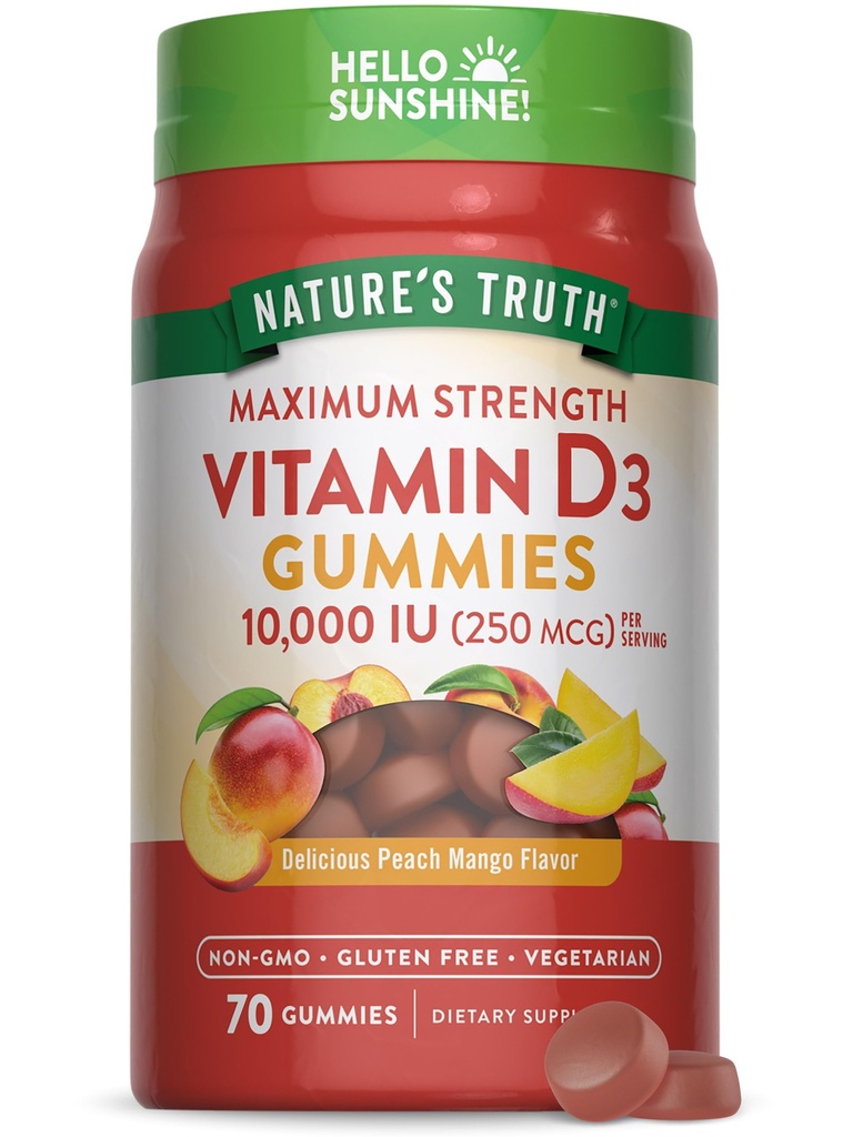 Vitamina D3 Gummies | 10000 IU | 70 Count | Peach Mango Flavor | Vegetariano, Non OGM & Gluten