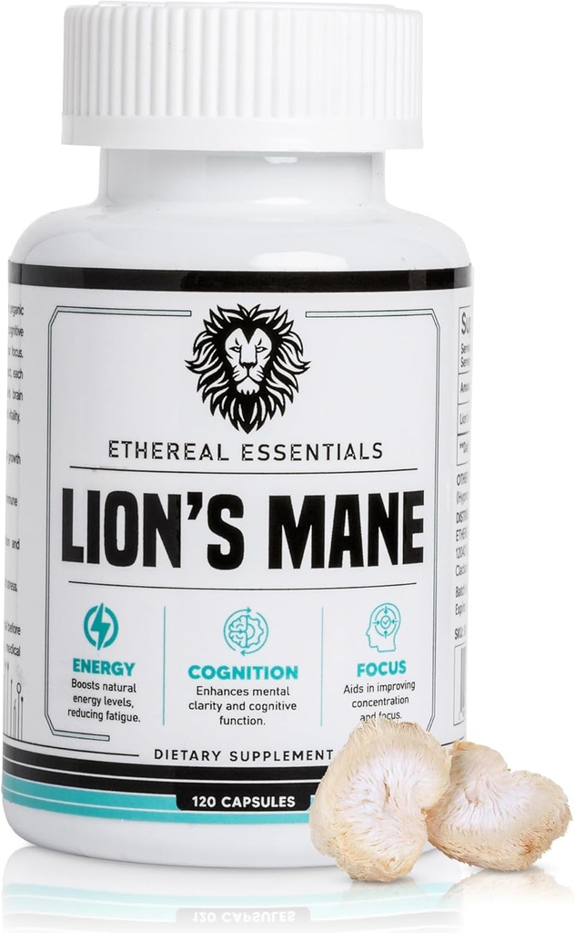 Leoni Mane Mushroom Cognition Capsules (120 Count) - Estratto di carne del leone della polvere di funghi - Vitamine del cervello - Cognizione - Integratore di fuoco
