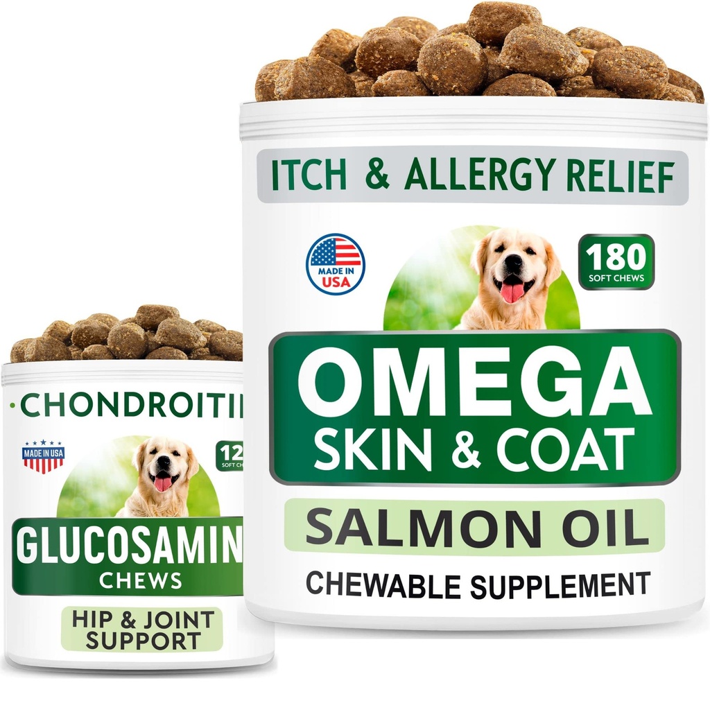 BARK&SPARK Glucosamine Dog Treats + Omega 3 per cani Bundle - Hip Support e Joint Pain Relief Supplement + Fish Oil Chews for Shedding, Skin Allergy, Itch Relief, Skin and Coat Supplement