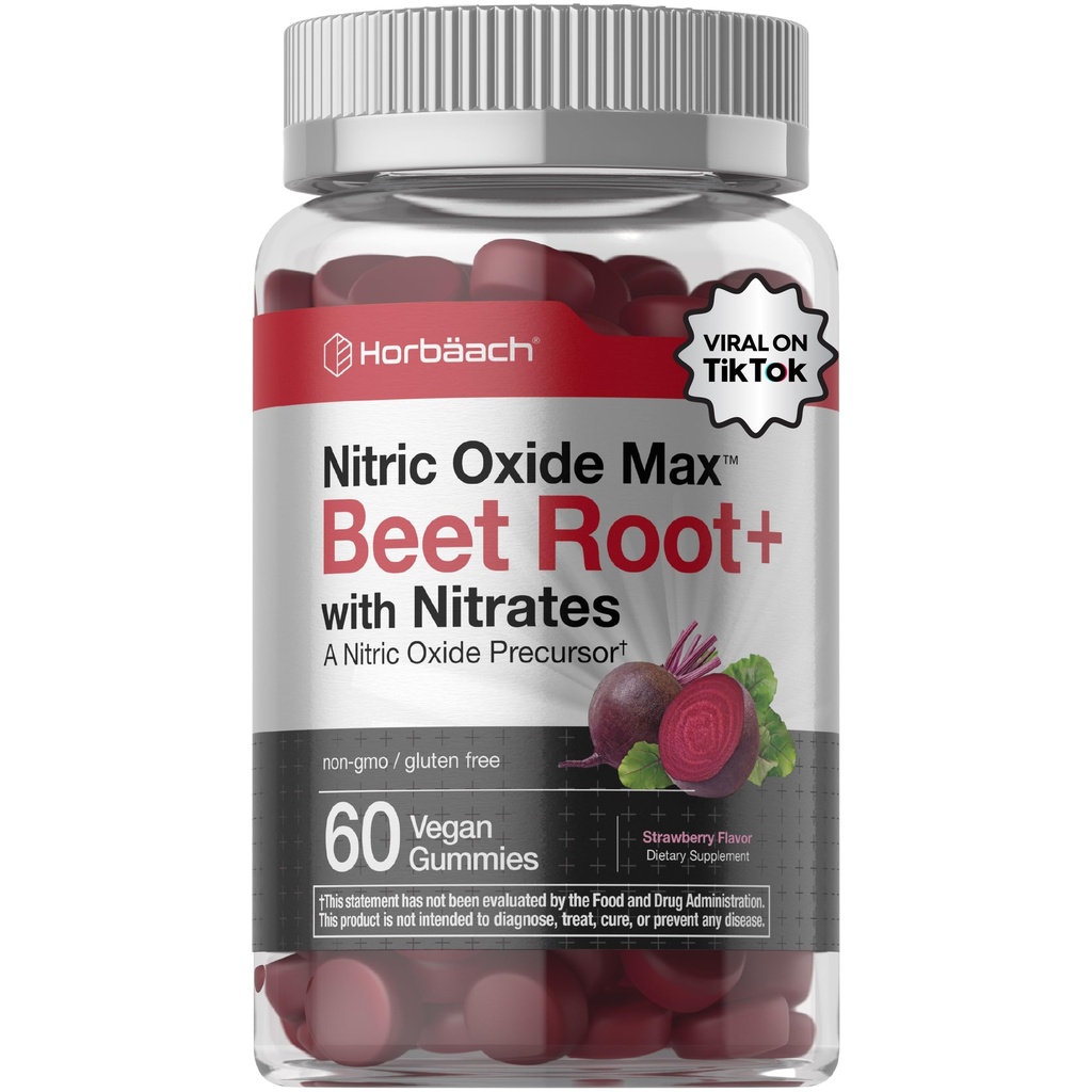 Horbäach Nitric Oxide Beet Root Gummies | 60 Count | con Nitrates | Strawberry Flavor | Vegan, Non OGM, Gluten Free Supplement
