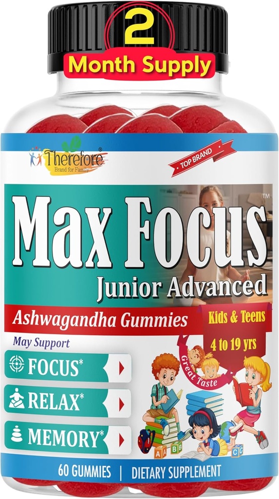 Max Focus Junior – Bambini Focus & Calm Gummies | Supporto per la calma e l'attenzione per bambini e adolescenti con Ashwagandha | Vitamine cerebrali | Vegan, Non OGM, 60 Gummies