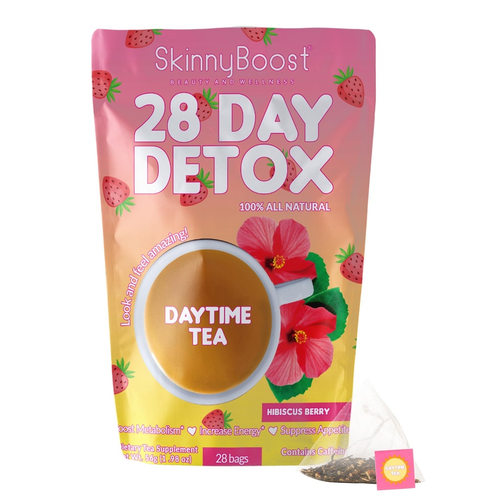 SkinnyBoost 28 giorno Detox Daytime Tea -HIBISCUS BERRY (28 sacchetti di tè) Supporta Metabolismo Boost, Detox, Tutto naturale, Non OGM, Vegan, Keto Friendly