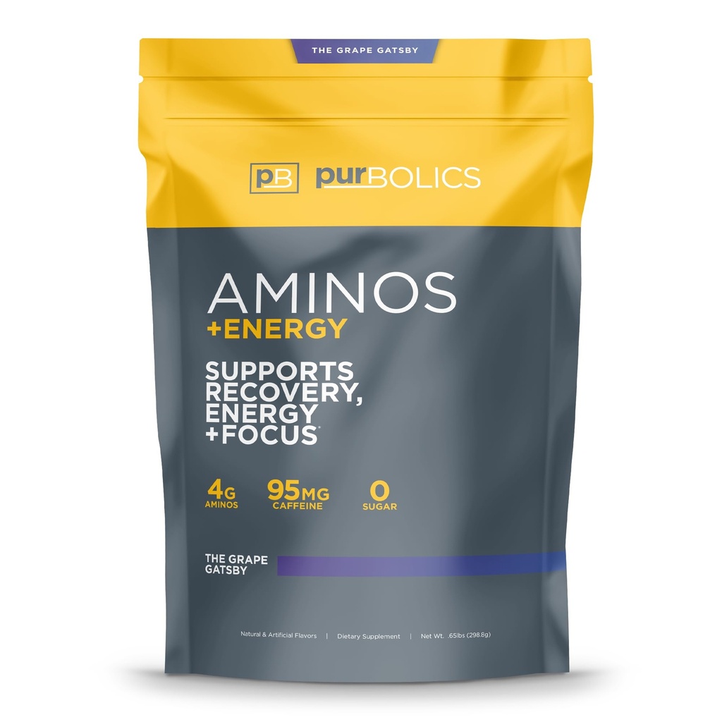 Purbolics Aminos + Energy | Supports Recovery, Energy & Focus | 95mg di caffeina, 0 Zucchero & 60 Serve (The Grape Gatsby)